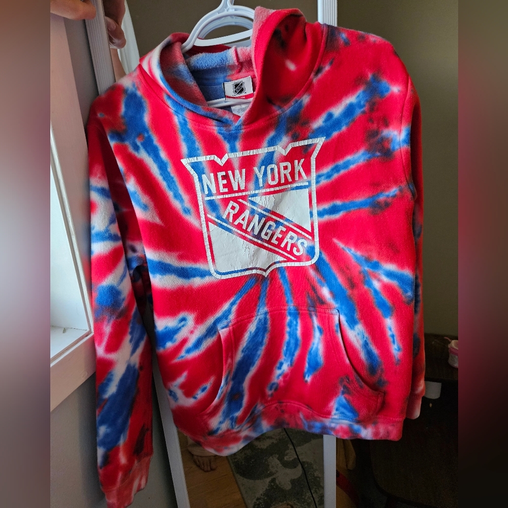 New York Rangers Tie Dye Red and Blue Hoodie -Youth Large Nhl Athleisure